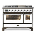 ILVE UM12FDNS3WHB Majestic II 48 inch Dual Fuel Range with 8 Black Brass Burners, Griddle (Natural Gas, Triple Glass Door, White, Burnished)