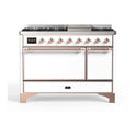 ILVE UM12FDQNS3WHP Majestic II 48 inch Dual Fuel Range with 8 Black Brass Burners, Griddle (Natural Gas, Solid Door, White, Copper)