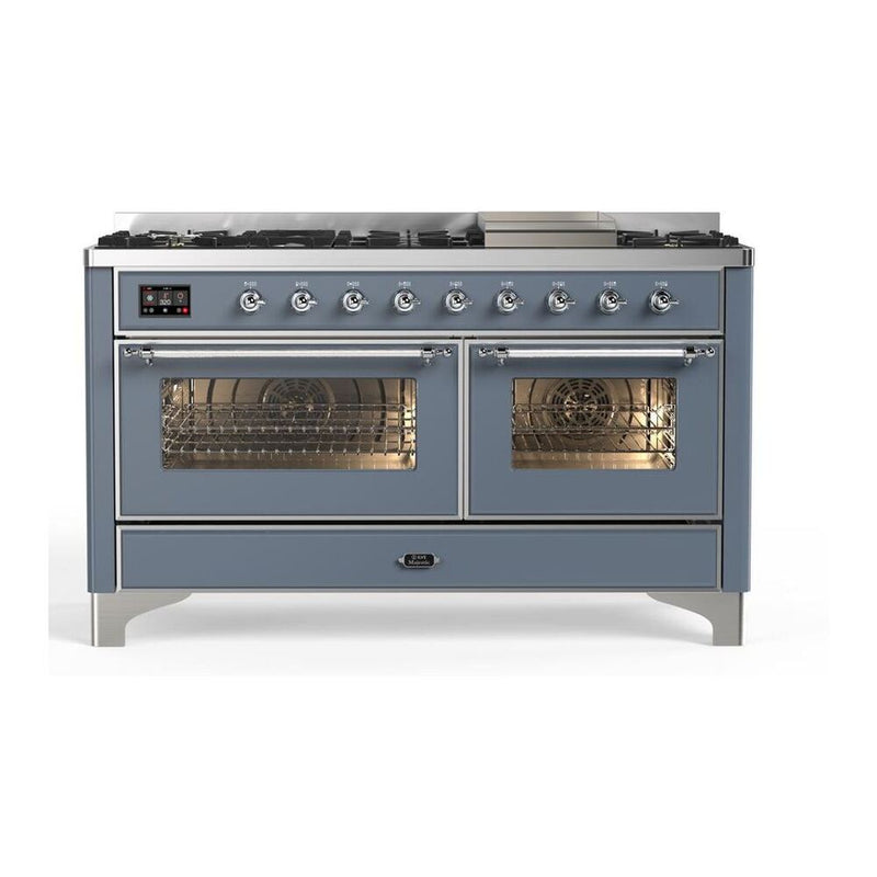 ILVE UM15FDNS3BGC Majestic II 60 inch Dual Fuel Range with 9 Burners, Griddle (Natural Gas, Triple Glass Door, Blue Grey, Chrome) ILVE