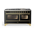 ILVE UM15FDNS3BKG Majestic II 60 inch Dual Fuel Range with 9 Burners, Griddle (Natural Gas, Triple Glass Door, Glossy Black, Brass)