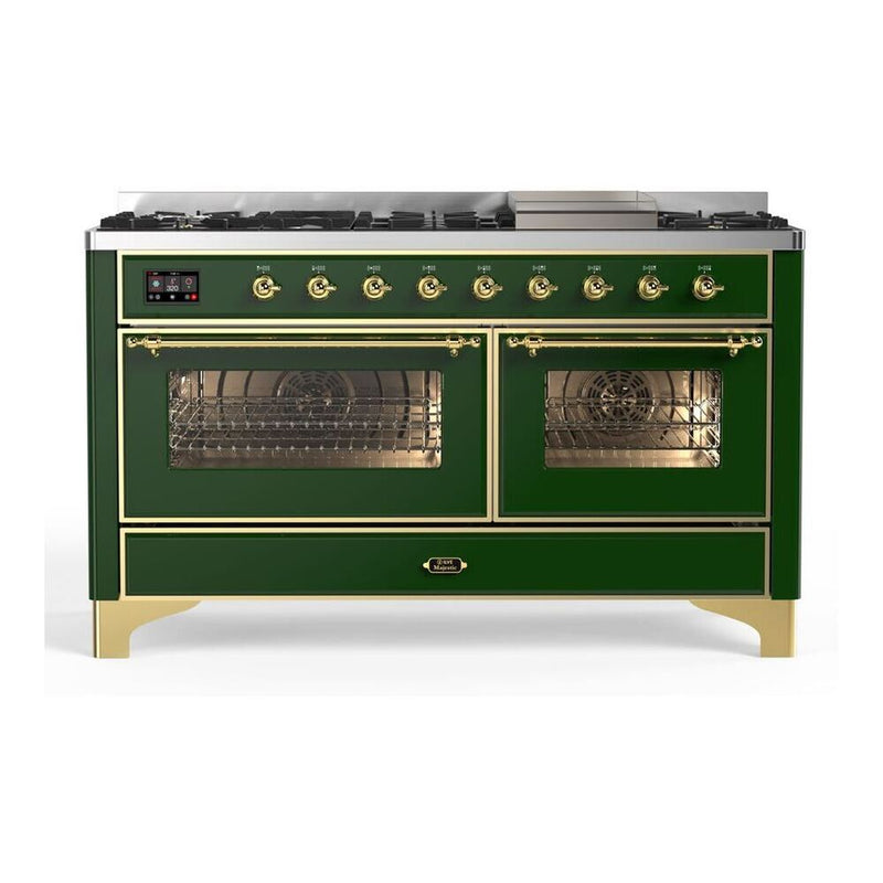 ILVE UM15FDNS3EGG Majestic II 60 inch Dual Fuel Range with 9 Burners, Griddle (Natural Gas, Triple Glass Door, Emerald Green, Brass) ILVE