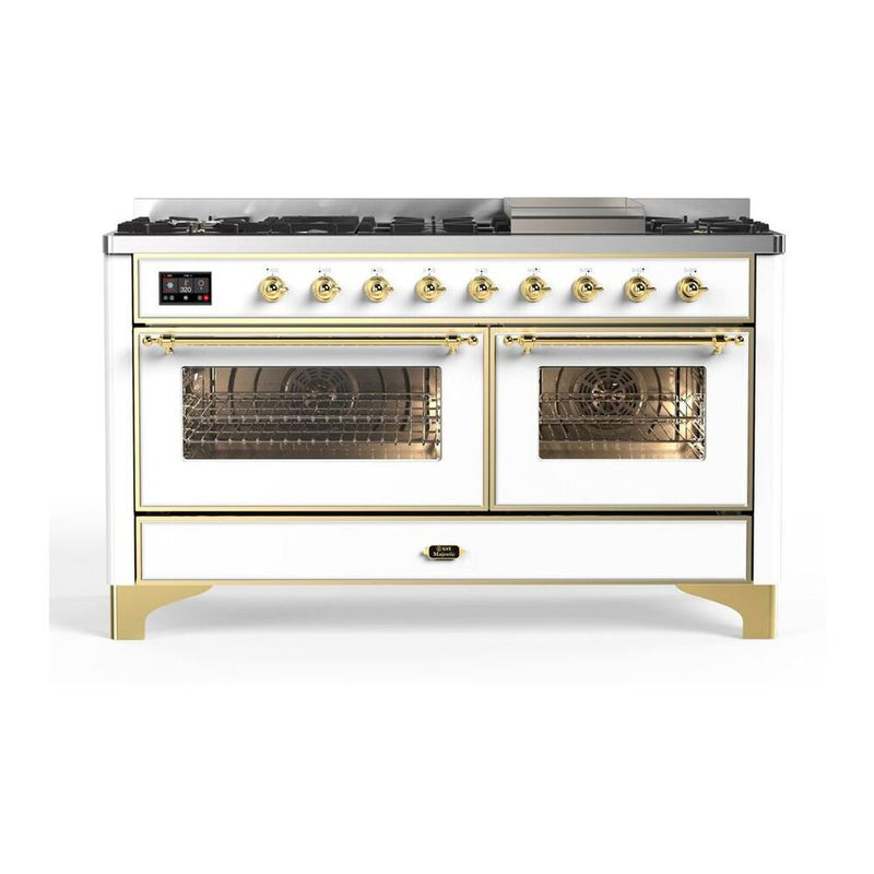 ILVE UM15FDNS3WHG Majestic II 60 inch Dual Fuel Range with 9 Burners, Griddle (Natural Gas, Triple Glass Door, White, Brass) ILVE