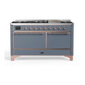 ILVE UM15FDQNS3BGP Majestic II 60 inch Dual Fuel Range with 9 Burners, Griddle (Natural Gas, Solid Door, Blue Grey, Copper)