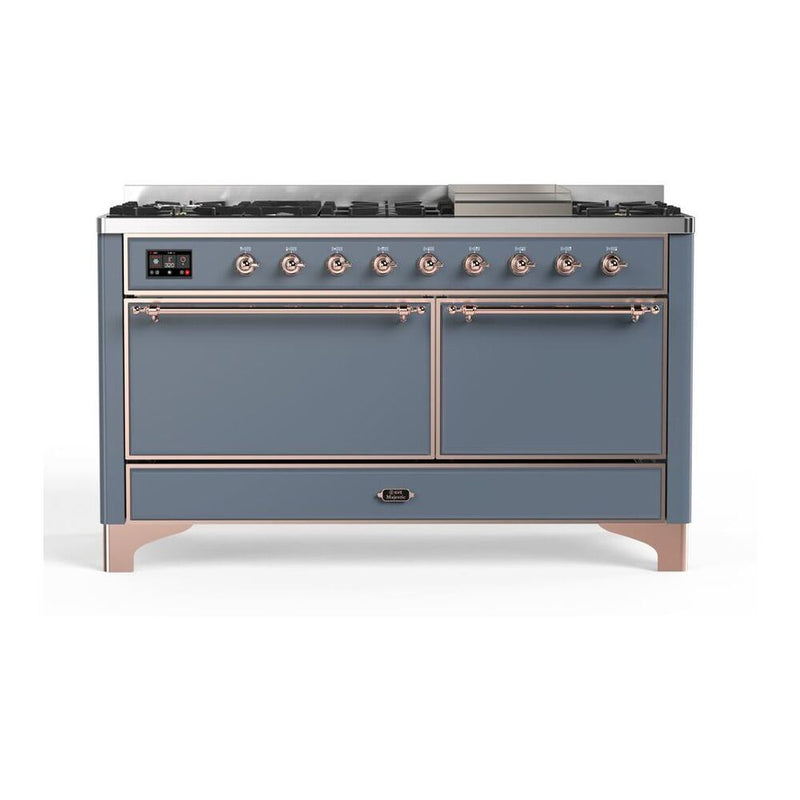 ILVE UM15FDQNS3BGP Majestic II 60 inch Dual Fuel Range with 9 Burners, Griddle (Natural Gas, Solid Door, Blue Grey, Copper) ILVE