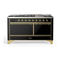 ILVE UM15FDQNS3BKG Majestic II 60 inch Dual Fuel Range with 9 Burners, Griddle (Natural Gas, Solid Door, Glossy Black, Brass)