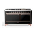 ILVE UM15FDQNS3BKP Majestic II 60 inch Dual Fuel Range with 9 Burners, Griddle (Natural Gas, Solid Door, Glossy Black, Copper)