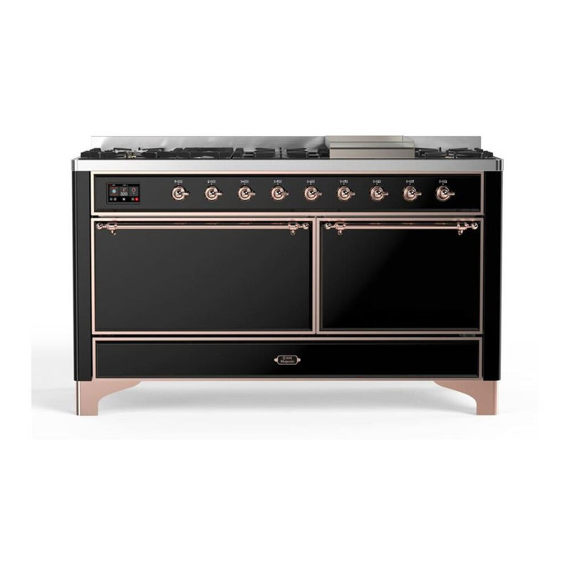 ILVE UM15FDQNS3BKP Majestic II 60 inch Dual Fuel Range with 9 Burners, Griddle (Natural Gas, Solid Door, Glossy Black, Copper) ILVE