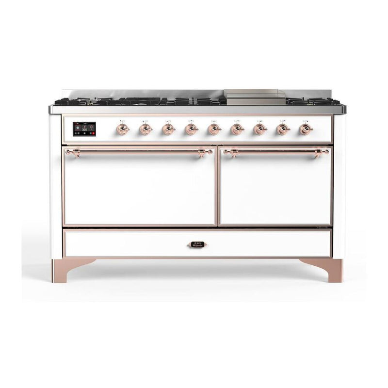 ILVE UM15FDQNS3WHP Majestic II 60 inch Dual Fuel Range with 9 Burners, Griddle (Natural Gas, Solid Door, White, Copper) ILVE