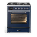 ILVE UM30DNE3MBC Majestic II 30 inch Dual Fuel Range with 5 Black Brass Burners (Natural Gas, Triple Glass Door, Midnight Blue, Chrome)