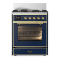 ILVE UM30NR3MBG Majestic III 30 inch Dual Fuel Range with 5 Black Brass Burners, Dual Function Burner up to 25,000 BTU (Natural Gas, Triple Glass Door, Midnight Blue, Brass)