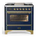 ILVE UM36FNR3MBG Majestic III 36 inch Dual Fuel Range with 6 Black Brass Burners and Griddle, Dual Function Burner up to 25,000 BTU (Triple Glass Door, Midnight Blue, Brass, Natural Gas)