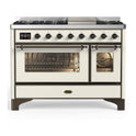ILVE UM48FNR3AWBLP Majestic III 48 inch Dual Fuel Range with 8 Burners and Griddle, Dual Function Burner up to 25,000 BTU (Liquid Propane, Triple Glass Door, Antique White, Burnished)