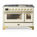ILVE UM48FNR3AWGLP Majestic III 48 inch Dual Fuel Range with 8 Burners and Griddle, Dual Function Burner up to 25,000 BTU (Liquid Propane, Triple Glass Door, Antique White, Brass)