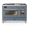 ILVE UM48FNR3BGC Majestic III 48 inch Dual Fuel Range with 8 Burners and Griddle, Dual Function Burner up to 25,000 BTU (Natural Gas, Triple Glass Door, Blue Grey, Chrome)