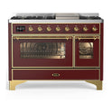 ILVE UM48FNR3BUG Majestic III 48 inch Dual Fuel Range with 8 Burners and Griddle, Dual Function Burner up to 25,000 BTU (Natural Gas, Triple Glass Door, Burgundy, Brass)