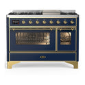 ILVE UM48FNR3MBG Majestic III 48 inch Dual Fuel Range with 8 Burners and Griddle, Dual Function Burner up to 25,000 BTU (Natural Gas, Triple Glass Door, Midnight Blue, Brass)