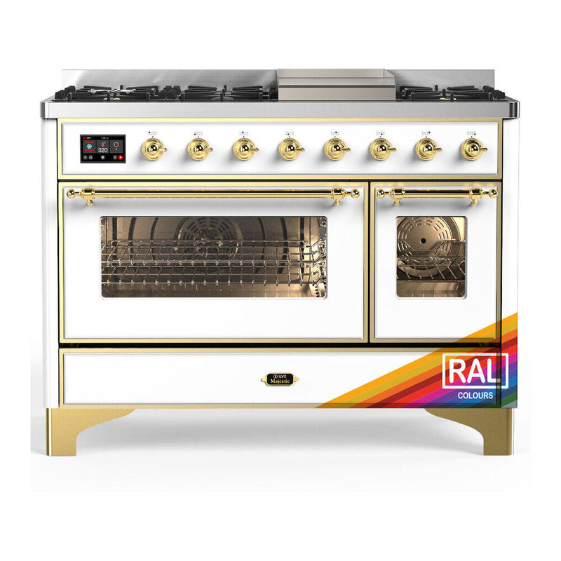 ILVE UM48FNR3RAG Majestic III 48 inch Dual Fuel Range with 8 Burners and Griddle, Dual Function Burner up to 25,000 BTU (Natural Gas, Triple Glass Door, RAL, Brass) ILVE