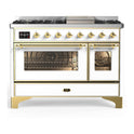ILVE UM48FNR3WHG Majestic III 48 inch Dual Fuel Range with 8 Burners and Griddle, Dual Function Burner up to 25,000 BTU (Natural Gas, Triple Glass Door, White, Brass)