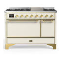 ILVE UM48FQNR3AWG Majestic III 48 inch Dual Fuel Range with 8 Burners and Griddle, Dual Function Burner up to 25,000 BTU (Natural Gas, Solid Door, Antique White, Brass)