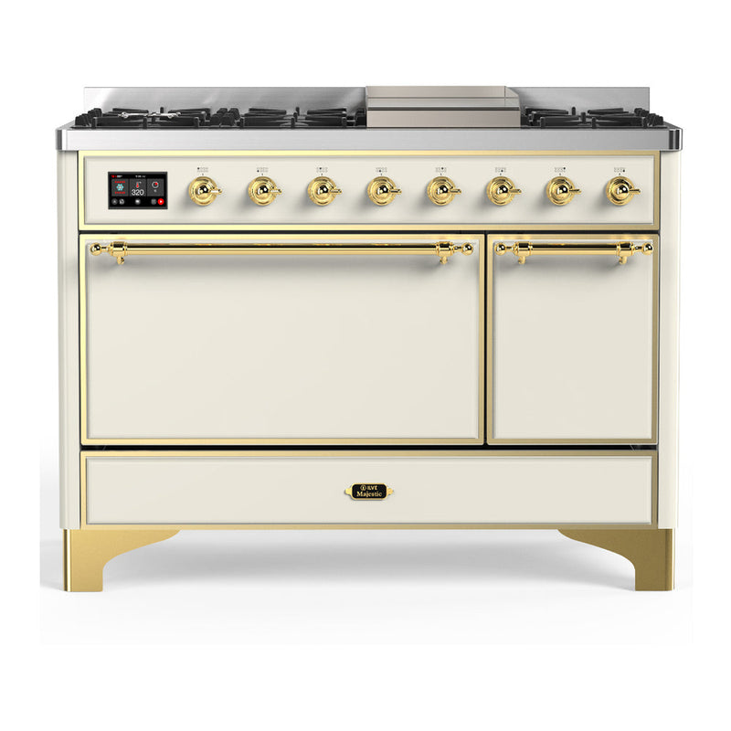 ILVE UM48FQNR3AWG Majestic III 48 inch Dual Fuel Range with 8 Burners and Griddle, Dual Function Burner up to 25,000 BTU (Natural Gas, Solid Door, Antique White, Brass) ILVE