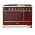 ILVE UM48FQNR3BUG Majestic III 48 inch Dual Fuel Range with 8 Burners and Griddle, Dual Function Burner up to 25,000 BTU (Natural Gas, Solid Door, Burgundy, Brass)