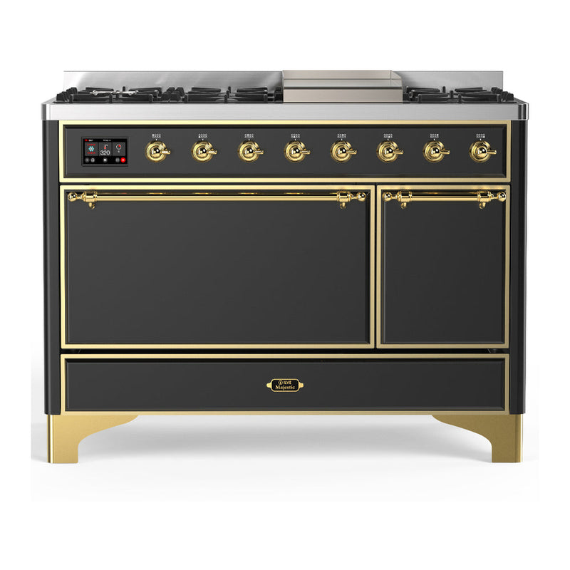 ILVE UM48FQNR3MGG Majestic III 48 inch Dual Fuel Range with 8 Burners and Griddle, Dual Function Burner up to 25,000 BTU (Natural Gas, Solid Door, Graphite Matte, Brass) ILVE