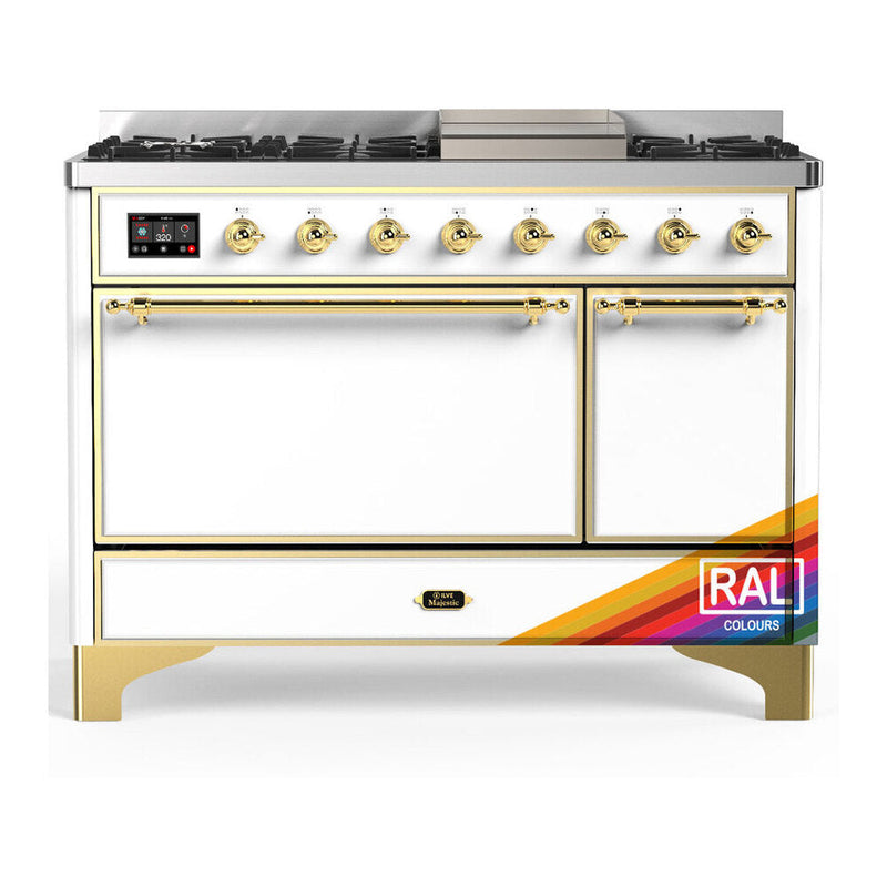 ILVE UM48FQNR3RAG Majestic III 48 inch Dual Fuel Range with 8 Burners and Griddle, Dual Function Burner up to 25,000 BTU (Natural Gas, Solid Door, RAL, Brass) ILVE