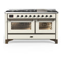ILVE UM60FNR3AWB Majestic III 60 inch Dual Fuel Range with 9 Burners and Griddle, Dual Function Burner up to 25,000 BTU (Natural Gas, Triple Glass Door, Antique White, Burnished)