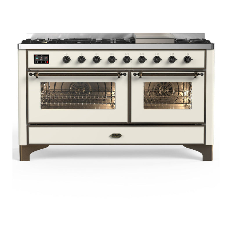 ILVE UM60FNR3AWB Majestic III 60 inch Dual Fuel Range with 9 Burners and Griddle, Dual Function Burner up to 25,000 BTU (Natural Gas, Triple Glass Door, Antique White, Burnished) ILVE
