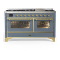 ILVE UM60FNR3BGGLP Majestic III 60 inch Dual Fuel Range with 9 Burners and Griddle, Dual Function Burner up to 25,000 BTU (Liquid Propane, Triple Glass Door, Blue Grey, Brass)