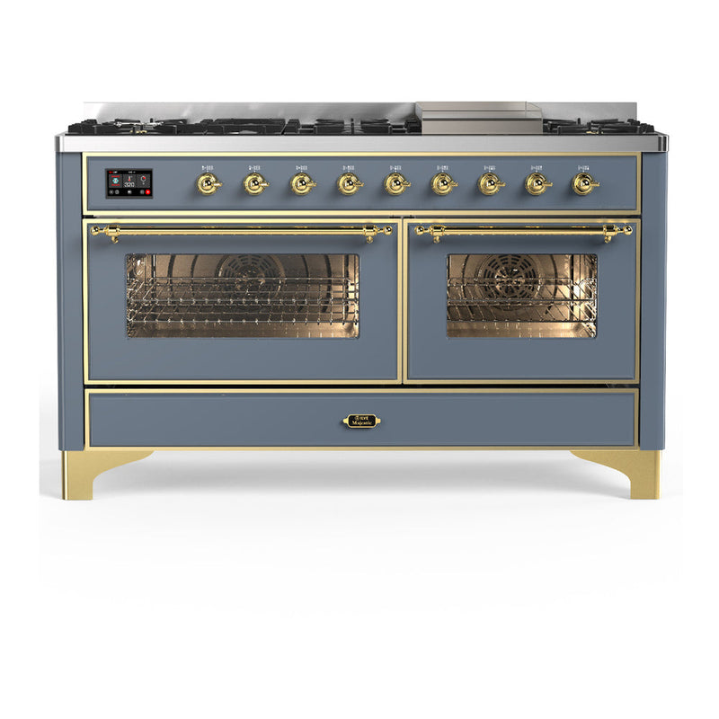 ILVE UM60FNR3BGG Majestic III 60 inch Dual Fuel Range with 9 Burners and Griddle, Dual Function Burner up to 25,000 BTU (Natural Gas, Triple Glass Door, Blue Grey, Brass) ILVE
