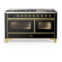 ILVE UM60FNR3BKG Majestic III 60 inch Dual Fuel Range with 9 Burners and Griddle, Dual Function Burner up to 25,000 BTU (Natural Gas, Triple Glass Door, Glossy Black, Brass)