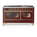 ILVE UM60FNR3BUGLP Majestic III 60 inch Dual Fuel Range with 9 Burners and Griddle, Dual Function Burner up to 25,000 BTU (Liquid Propane, Triple Glass Door, Burgundy, Brass)