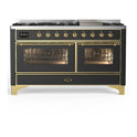 ILVE UM60FNR3MGGLP Majestic III 60 inch Dual Fuel Range with 9 Burners and Griddle, Dual Function Burner up to 25,000 BTU (Liquid Propane, Triple Glass Door, Graphite Matte, Brass)
