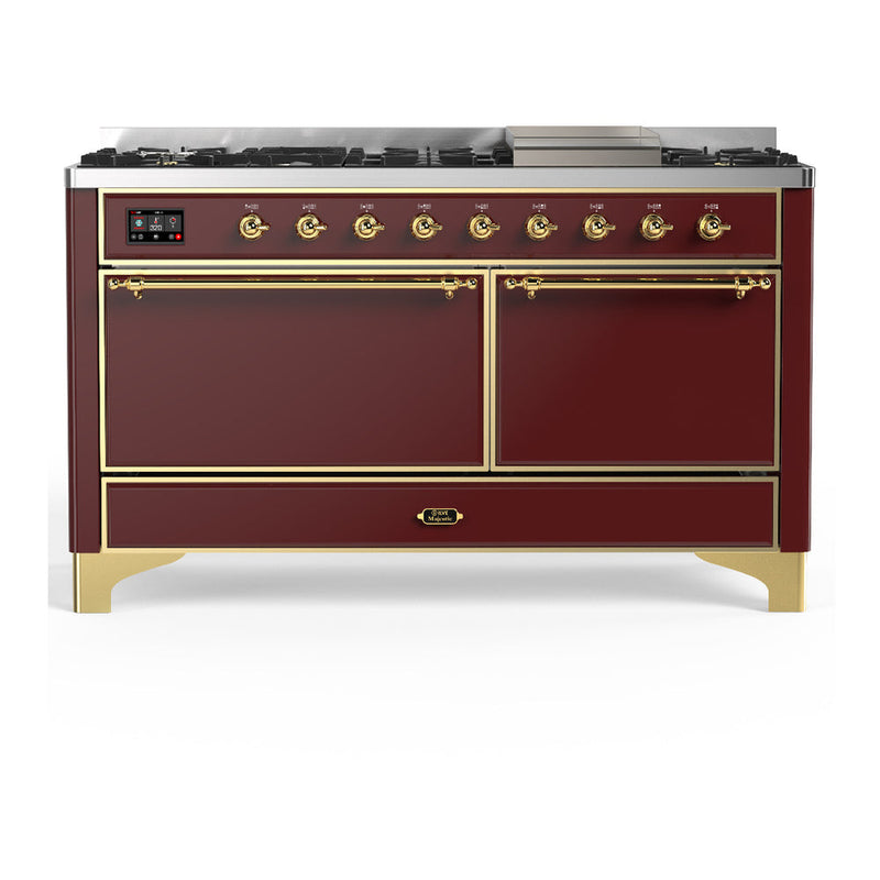 ILVE UM60FQNR3BUG Majestic III 60 inch Dual Fuel Range with 9 Burners and Griddle, Dual Function Burner up to 25,000 BTU (Natural Gas, Solid Door, Burgundy, Brass) ILVE