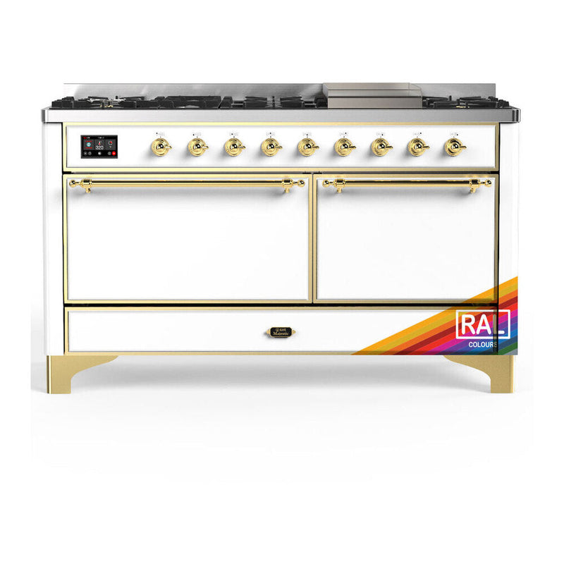 ILVE UM60FQNR3RAG Majestic III 60 inch Dual Fuel Range with 9 Burners and Griddle, Dual Function Burner up to 25,000 BTU (Natural Gas, Solid Door, RAL, Brass) ILVE