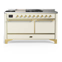 ILVE UM60FSQNR3AWG Majestic III 60 inch Dual Fuel Range with 7 Burners, Griddle and French Top, Dual Function Burner with up to 25,000 BTU (Natural Gas, Solid Door, Antique White, Brass)