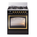 ILVE UN30NMPBKG Nostalgie II Noblesse 30 inch Dual Fuel Range with 5 Burners (Natural Gas, Triple Glass Door, Glossy Black, Brass)