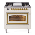 ILVE UN36FNMPAWG Nostalgie II Noblesse 36 inch Dual Fuel Range with 6 Burners and Griddle (Natural Gas, Triple Glass Door, Antique White, Brass)
