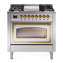 ILVE UN36FNMPSSG Nostalgie II Noblesse 36 inch Dual Fuel Range with 6 Burners and Griddle (Natural Gas, Triple Glass Door, Stainless Steel, Brass)