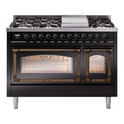 ILVE UN48FNMPBKBLP Nostalgie II Noblesse 48 inch Dual Fuel Range  (8 Sealed Burners + Griddle, Liquid Propane, Triple Glass Door, Glossy Black, Burnished)