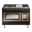 ILVE UN48FNMPBKG Nostalgie II Noblesse 48 inch Dual Fuel Range  (8 Sealed Burners + Griddle, Natural Gas, Triple Glass Door, Glossy Black, Brass)