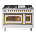 ILVE UN48FNMPWHG Nostalgie II Noblesse 48 inch Dual Fuel Range  (8 Sealed Burners + Griddle, Natural Gas, Triple Glass Door, White, Brass)