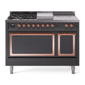 ILVE UN48FSQNMPMGP Nostalgie II Noblesse 48 inch Dual Fuel Range  (5 Sealed Burners + Griddle + French Top, Natural Gas, Solid Door, Graphite Matte, Copper)