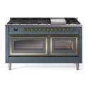 ILVE UN60FNMPBGG Nostalgie II Noblesse 60 inch Dual Fuel Range   (9 Sealed Burners + Griddle, Natural Gas, Triple Glass Door, Blue Grey, Brass)