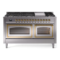 ILVE UN60FNMPSSGLP Nostalgie II Noblesse 60 inch Dual Fuel Range   (9 Sealed Burners + Griddle, Liquid Propane, Triple Glass Door, Stainless Steel, Brass)