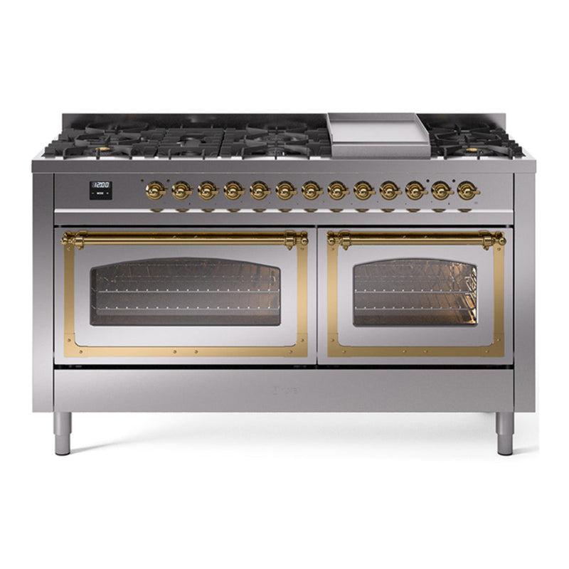 ILVE UN60FNMPSSGLP Nostalgie II Noblesse 60 inch Dual Fuel Range   (9 Sealed Burners + Griddle, Liquid Propane, Triple Glass Door, Stainless Steel, Brass) ILVE