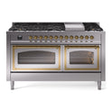 ILVE UN60FNMPSSG Nostalgie II Noblesse 60 inch Dual Fuel Range   (9 Sealed Burners + Griddle, Natural Gas, Triple Glass Door, Stainless Steel, Brass)