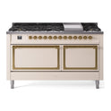 ILVE UN60FQNMPAWG Nostalgie II Noblesse 60 inch Dual Fuel Range   (9 Sealed Burners + Griddle, Natural Gas, Solid Door, Antique White, Brass)