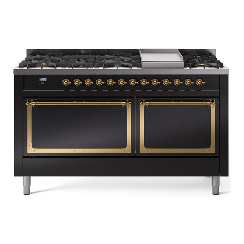 ILVE UN60FQNMPBKGLP Nostalgie II Noblesse 60 inch Dual Fuel Range   (9 Sealed Burners + Griddle, Liquid Propane, Solid Door, Glossy Black, Brass) ILVE